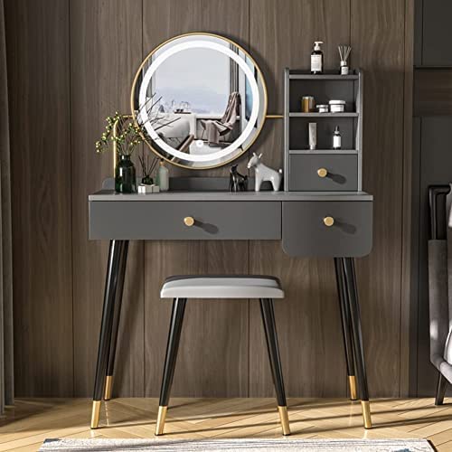 Vanity Desk,Make Vanity Set With Touch Screen Dimming Mirror, 3 Color Lighting Modes, Dressing Table With 3 Sliding Drawers, Modern Bedroom Makeup Table And Cushioned Stool Set For Women Girls #TOP1