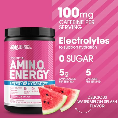 Optimum Nutrition Amino Energy Powder Plus Hydration, with BCAA, Electrolytes, and Caffeine, Watermelon Splash, 30 Servings (Packaging May Vary) - Image 3