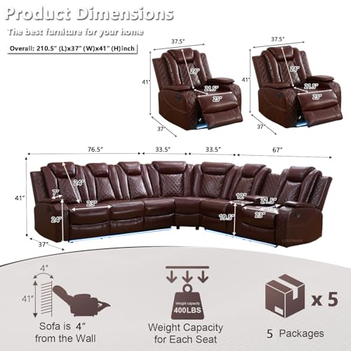 Image of Power Recliner Sectional Sofa Set with LED, Living Room Furniture Sets, L-Shaped Recliner Sofa & 2 Chairs, Luxury Sectional Couch with Charging /Storage for Living Room