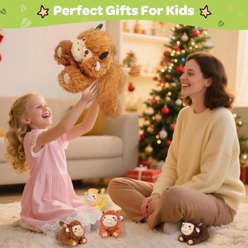 Image of KMUYSL Highland Cow Stuffed Animal for Girls Ages 0 1 2 3 4 5 6 7 8+ Years Old, Mommy Cow Animals Plush Toys with 4 Baby Calves, Soft Animal Stuffed Toys Set, Christmas Birthday Gifts for Kids Girls