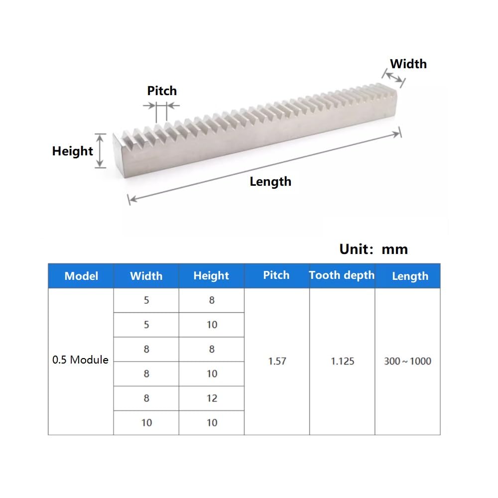 1 Stück Stirnradzahnstange, Modul 0,5/0,8/1/1,5/2/3/2,5, gerade Zahnstange aus Edelstahl, Länge 1000 mm, Ritzelführungsschiene für CNC-Geräte(0.5 Module 5x10x1000mm)