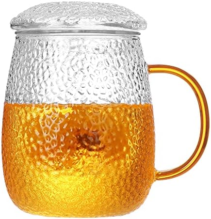 Tea Cup With Infuser and Lid, 19 OZ (560 ml), Amber Color Handle, Food Grade Borosilicate Glass Material, Resistant to Cold and Hot Shock, Hammered Texture Design, Loose Leaf Tea Cup