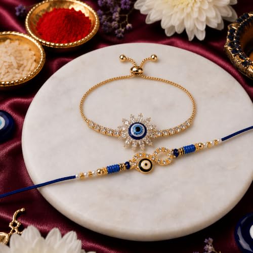 Image of CraftVatika Evil Eye Bracelet Rakhi Set for Brother Bhaiya Bhabhi Set of 2, Rakhis for Rakshabandhan, Hand Bracelet Rakhi for Bhabhi, Infinitive Evil Eye Rakhis for Men Brother with Best Wishes Card,Tilak set