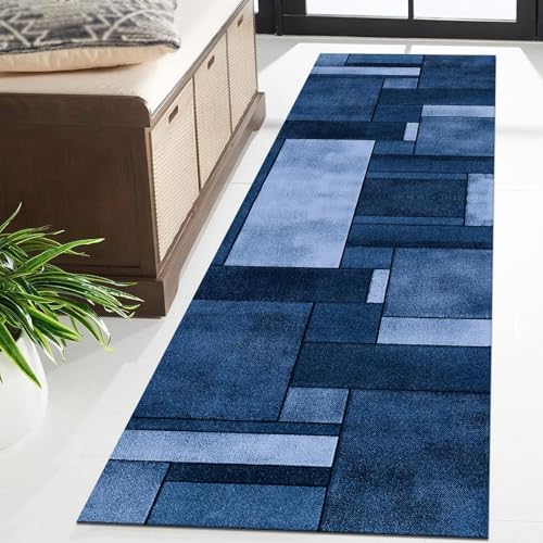 Tapis de Couloir géométrique Bleu foncé 90x400 cm Lavable