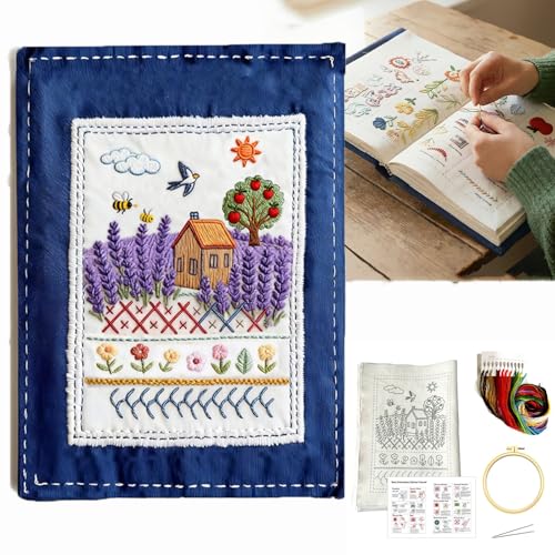 Image of WLYPE Embroidery Stitch Practice Book Kit for Beginners - 90+ Stitches Guide with 24 Threads, Fabric, Hoop, Needles | DIY Portable Fabric Craft Book with Step-by-Step Tutorials & Cottage Design Pages