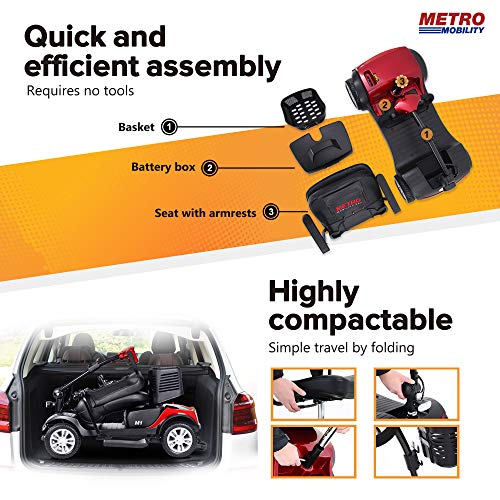 Electric Powered Mobility Scooters For Seniors Adults 300Lbs Max Weight, 4 Wheel Folding Mobility Wheelchair For Travel - Long Range Power Extended Battery W/Charger And Basket- Red #TOP5