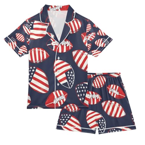 senya American Flag-colored Football Satin Summer Pajama Sets Silk Short Sleeve Button Down Sleepwear