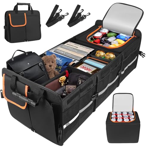 ExKeen Organisateur de Coffre SUV 115L, 90L + 25L Sac Isolant Amovible, 6 Compartiments Ajustables, Organisateur Coffre Voiture Pliable avec Couvercle pour SUV et Camion