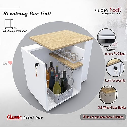 Image of Studio Kook Classic Mini Bar - 360 Revolving Wooden Home Bar Cabinet with Lock, Stainless Steel Glass Holder, Delivered Preassembled (White)