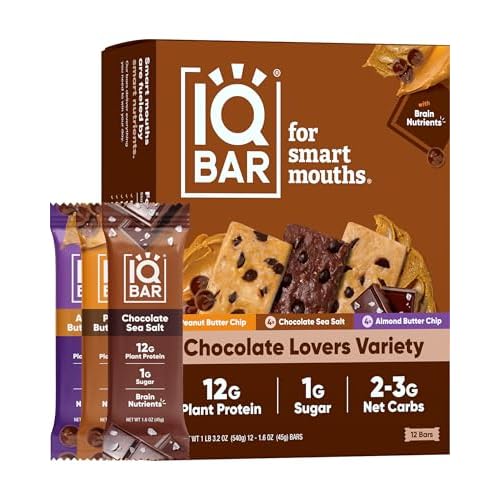 IQBAR Plant Protein Bars – Chocolate Lovers Variety – Keto, Vegan, Low Carb, High Fiber, Gluten/Dairy Free, Low Sugar Snack with Nutrients for Focus, Energy, Meal Replacement 12-Count