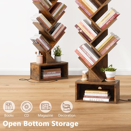 Image of Hoctieon 9 Tier Tree Bookshelf, Tall Bookcase, Freestanding Book Shelf with LED Lights, Display Floor Standing Storage Shelf, Book Organizer Shelves for Home Office, Living Room, Rustic Brown
