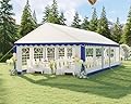 LUXOAK 16 x 32 FT Extra Large Outdoor Event Shelter, Wedding Party Tent with Sidewall Windows & 2 Side Doors, Heavy Duty Canopy Gazebo Tent for Garden Patio Carport, White with Blue Stripes