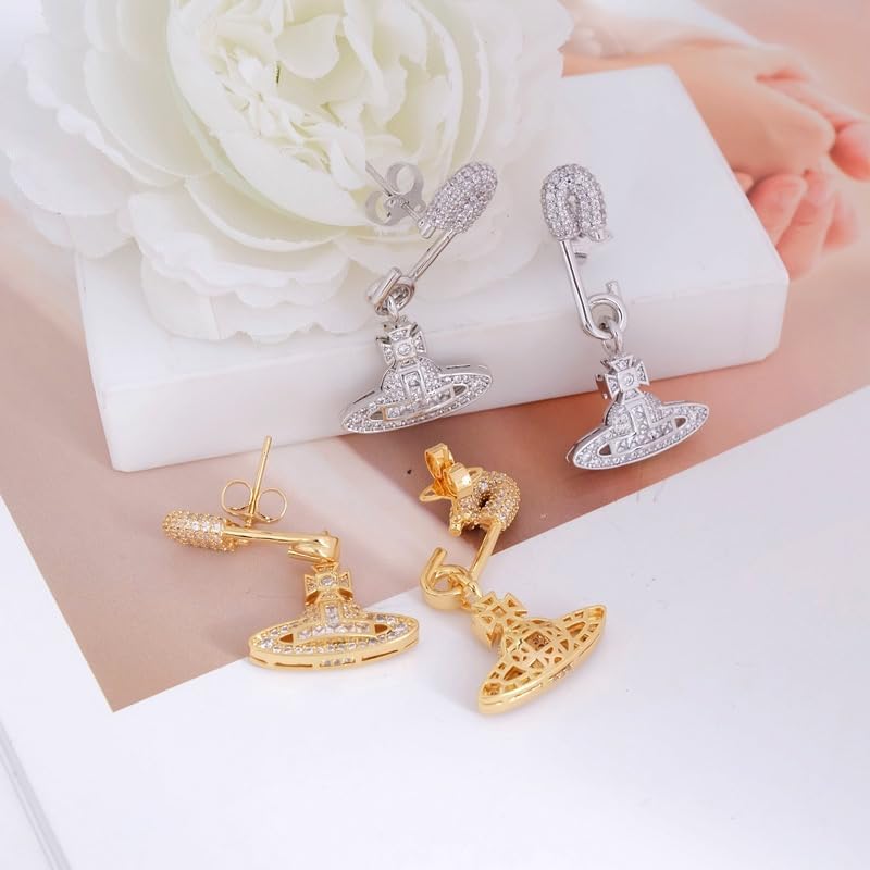 Colorful Saturn Earrings for Women - Punk Two-sided Pin Clip Zircon Saturn Earrings Ear Studs(Gold)