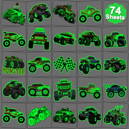 CHARLENT Glow in The Dark Monster Truck Temporary Tattoos for Kids Party Supplies - 74 Individually Sheets Luminous Monster Truck Tattoos for Boys...