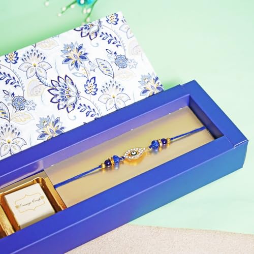 Image of Velvet Fine Chocolates Rakhi Mini Sweets Gift Box | Assorted Chocolates & Evil Eye Rakhi | Perfect Raksha Bandhan Gift | Pack of 1