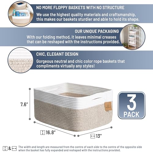 NaturalCozy Storage Baskets 16.8”x13”x7.6” Cotton Rope Woven Baskets for Organizing 3-Pack | Toy Storage Bins | Basket for Shelves, Laundry, Blanket, Clothes, Closet, Kitchen, Bathroom, Gifts - Image 3