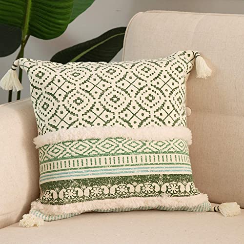 Image of Modern Homes Boho Tufted Decorative Throw Pillow Covers for Couch Sofa - Moroccan Style Cushion Covers with Tassels, Accent Decor Pillow for Bedroom Living Room (Green, 16x16 inch)