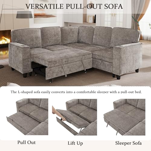 Image of KEIKI 81 inch L-Shaped Oversized Chenille Modular Sectional Sleeper Sofa with Pull-Out Bed, Storage Seat, Modern 5-Seater Upholstered Couch Bed with Charging Station, Easy Assembly, for Living Room, Brown