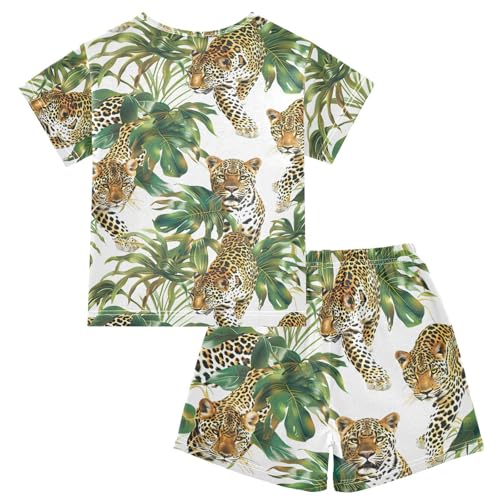 ALAZA Leopard Palm Leaves Watercolor Pajamas Short Sleeve 2 Piece Sleepwear Top and Bottom Pajama Set Unisex2