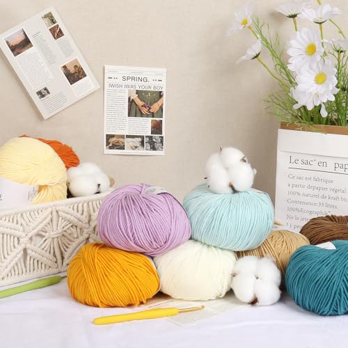 Katech 20 Skeins Cotton Yarn for Crocheting-55% Cotton 45% Acrylic-4 Medium (Worsted)-Super Soft Milk Cotton Yarn-Great Crochet and Knitting Starter Kit for Colorful Craft
