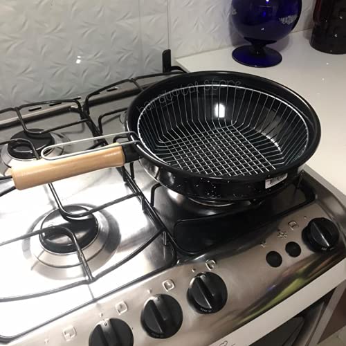 Fritadeira Esmaltada com Cesto Cromado Frigideira Cabo Madeira