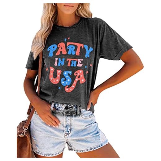 Party in The USA T-Shirt Women 4th of July Independence Day Shirts Funny Patriontic Graphic Short Sleeve Tee Tops Grey