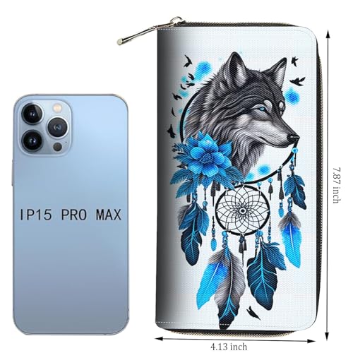 Wallet,Large Capacity RFID Blocking Leather Wallet, Durable Smooth Zipper Clutch,Unisex Travel Wallet for Cards,Cash,and Coins,Dream Catcher Wolf4