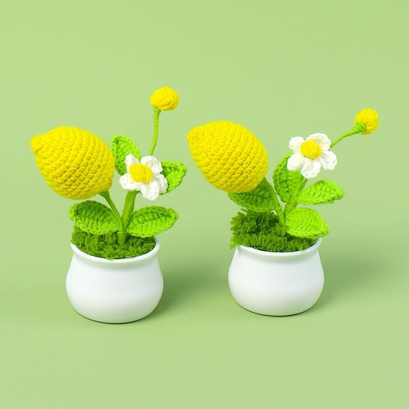 2Pcs Small Crochet Lemon Flowers, Artificial Knitted Lemon Potted Plants for Desk, Handmade Lemons Tree for Birthday Christmas Graduation Anniversary Party Gift