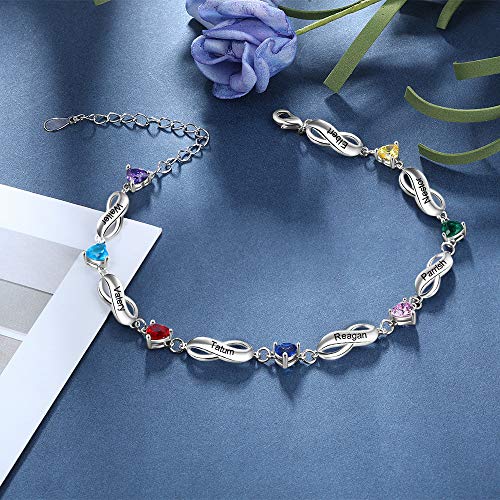 kaululu Personalized Name Bracelet for Women with 1/2/3/4/5/7 Birthstones,Customize 1-7 Names Mother Bracelets,Personalized Gifts for Mom,Grandma Jewelry,Charm Bracelets for Teen Girls,Silver4