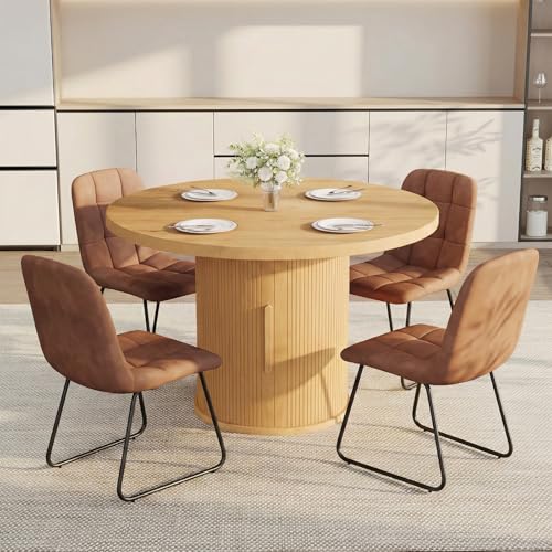 Image of 5-Piece Dining Set for Small Spaces 43.3 inch Round Table & 4 PU Leather Chairs, Modern Farmhouse with Storage Shelf, Apartment Kitchen Easy Assembly (Natural Color Round Table + 4 U-Shaped Brown Chairs)