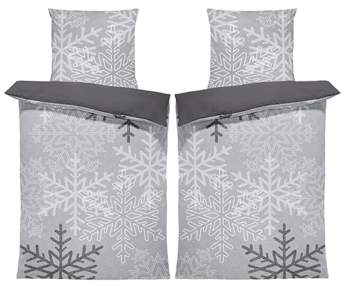 one-home 4 teilig Winter Biber Bettwäsche 135x200 cm Schneeflocken kuschelig Baumwolle