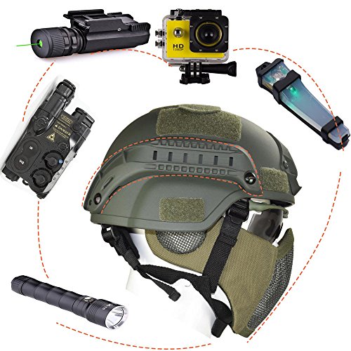 Jadedragon MICH 2000 Style ACH Tactical Helmet with Protect Ear Foldable Double Straps Half Face Mesh Mask & Goggle (Green)