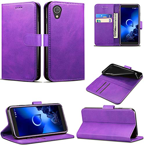 Mobile Stuff Alcatel 1 (5033X) Case, Leather Case Flip Folio Book Case Wallet Cover with Magnetic Closure & Kick Stand For Alcatel 1 (Purple)