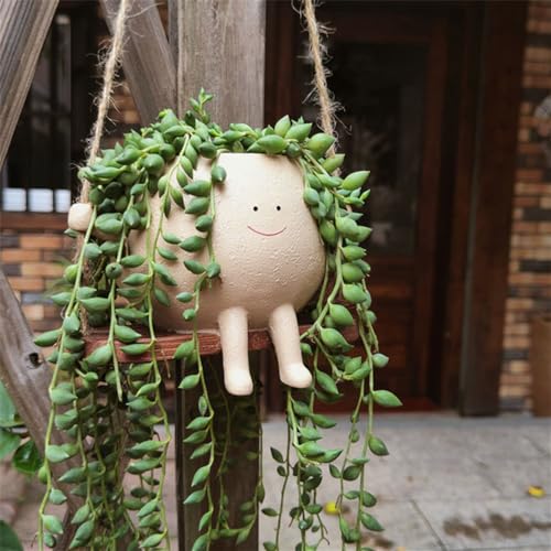 Image of Swing Face Planter Pot Hanging Swinging Smiley Planter Cute Planter for Indoor and Outdoor Plants Succulent Planter for String of Pearls Plants Creative Swing Planter Gifts for Holidays and Parties