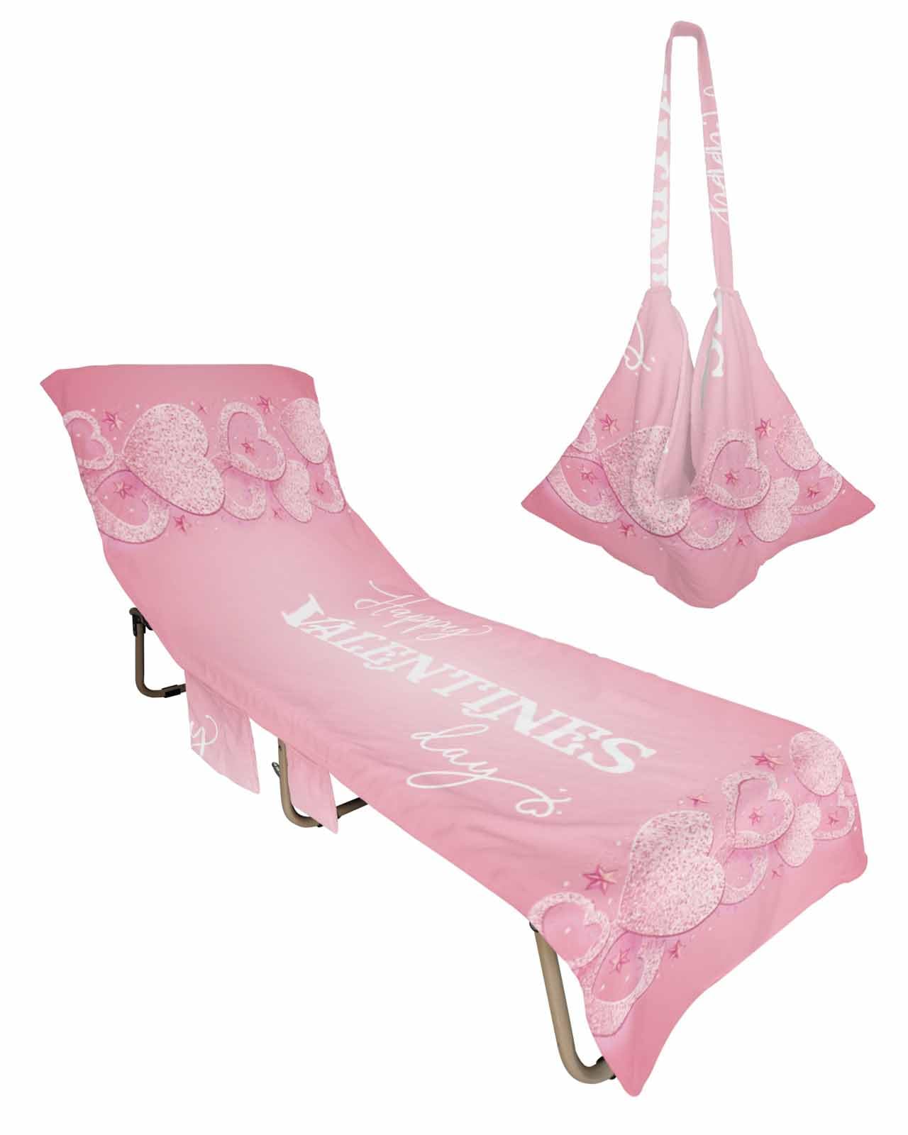 Valentines Day Beach Lounge Chair Towel Cover, Soft Chaise Lounge Towel with Side Pockets Patio Pool Chairs Cover for Beach/Pool Sunbathing 29x85 Pink Love Heart Romantic Star