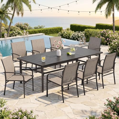 Image of SUNSHINE VALLEY 9pc Patio Dining Set, 83 inch Metal Table & 8 Brown Chairs