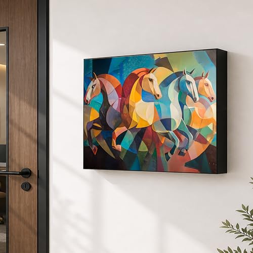 Image of Electric MCB Box Cover Frame With Hydraulic Decorative White 4 Running Horse Painting Electrical Panel box Cover, Switch Box Frame Will Fit Max 15x20 inch Switch Board, Outer Box Size 17X23 Inch