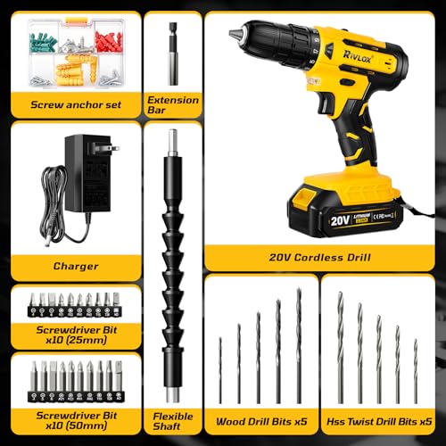 20V Cordless Drill Set,Electric Power Drill Cordless,Power Drill Drivers,Electric Screwdriver - 2.0Ah Batteries, 30Nm，21+1 Torque,2 Speed, Built-in LED,Kit for Home, Yellow thumbnail 8