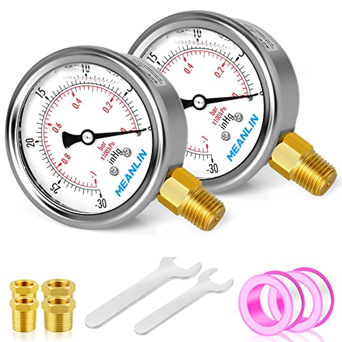 MEANLIN MEASURE -30inHG~0Psi Stainless Steel 1/4" NPT 2.5" FACE DIAL Vacuum Pressure Gauge, Lower Mount (Pack of 2), with 1/2" NPT and 3/8" NPT Hex Bushing