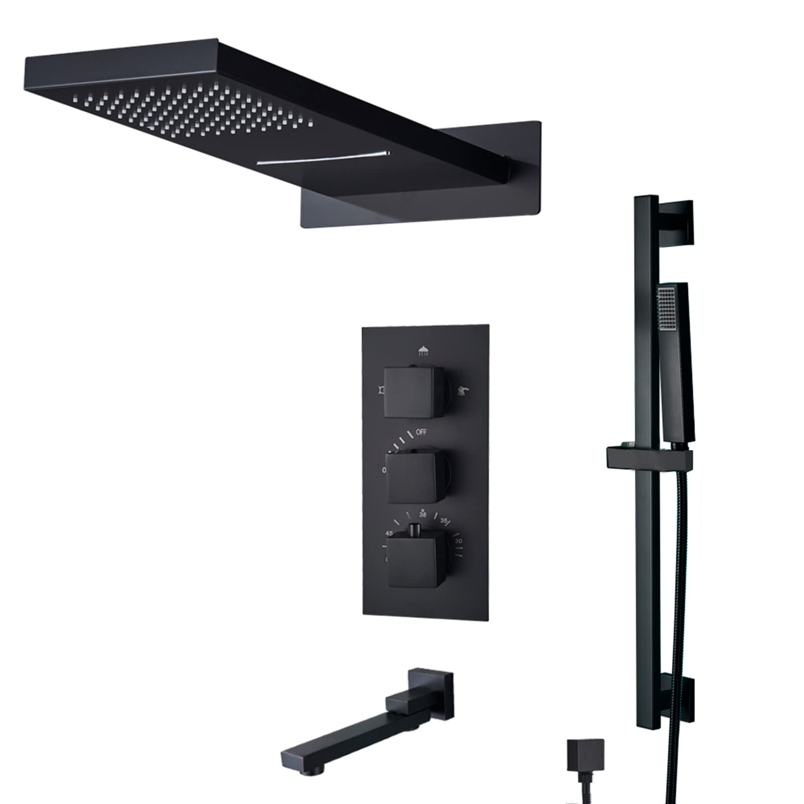 OZBMA Shower Faucet kit, System Thermostatic Concealed Set Matte Black Wall Mounted Anti Scald with Hand and S