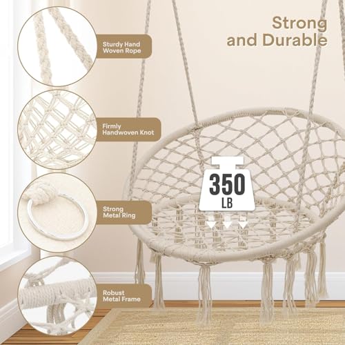 Zenzres Hammock Chair, Hanging Swing with Macrame and Cushion, Max 330 Lbs, Beige Hanging Cotton Rope Chair for Indoor, Outdoor, Bedroom, Patio, Yard, Deck, Garden and Porch (Hammock chair-2)