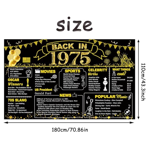 Image of DARUNAXY 51st Birthday Black Gold Party Decoration, Back in 1975 Banner 51 Year Old Birthday Party Poster Supplies Vintage 1975 Backdrop Photography Background for Men & Women 51st Class Reunion Decor