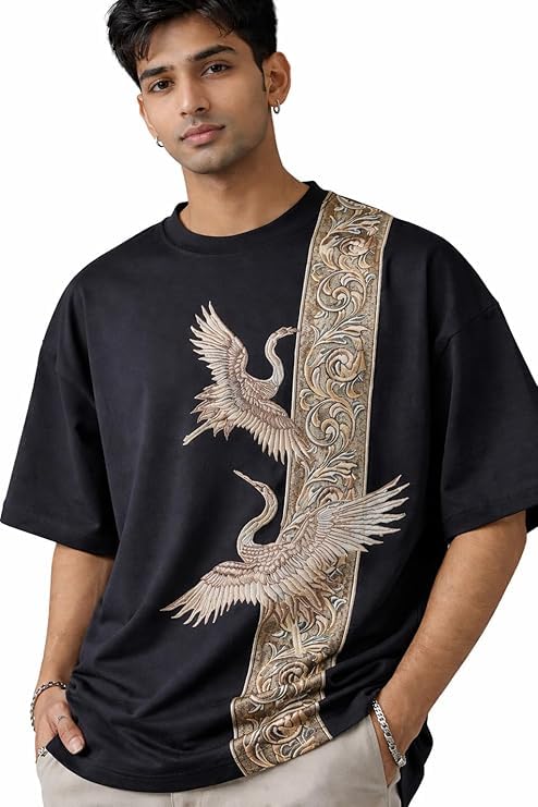 Image of Men's Oversized Black T-Shirt with Crane Bird and Floral Embroidery, Casual Streetwear