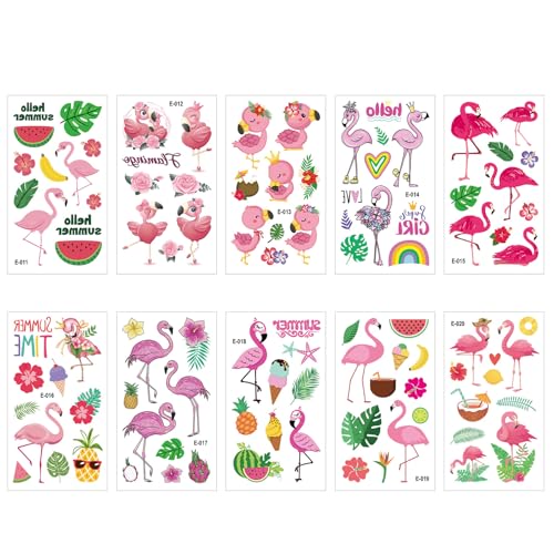 Tatouages Temporaires Flamingo - Lot de 10 Feuilles (62 Motifs) - Autocollants Temporaires Été Tropicaux Hawïen pour Fête - Cadeau Fête Flamant Rose
