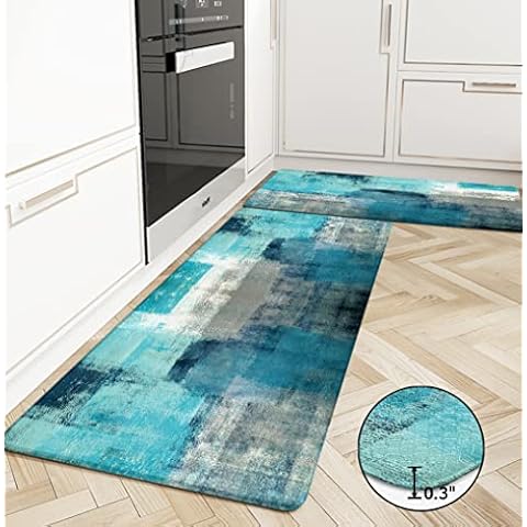 Teal Grey Kitchen Rugs and Mats 2 Pieces Turquoise Cushioned Anti Fatigue Kitchen Rugs Set Modern Abstract Art Non-Skid Washable Kitchen Mats Kitchen Accessories and Decor Cover