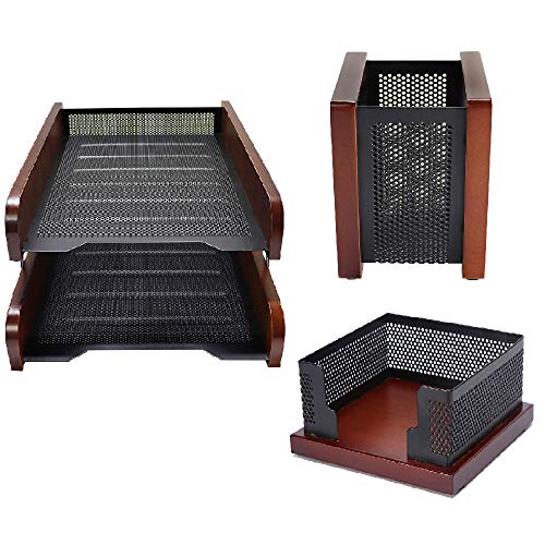 Wood Mesh Metal 2 Tier Document Letter Tray Mesh Wood Pen Pencil Holder Cup Sticky Notes Memo Holder Memo Dispenser Desk Organizer Set for Office Supplies Desk Accessories
