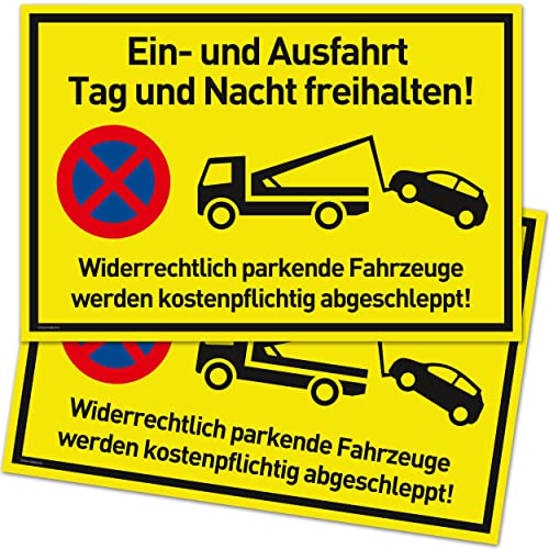 2er Set Einfahrt Freihalten Schilder (30x20 cm Kunststoff) - Ausfahrt freihalten Schild - Nie Wieder zugeparkt - Auch Gegenüber - (Neongelb) - Hier Wird abgeschleppt