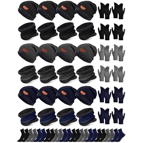 Toulite 48 Pcs Winter Hats Gloves Scarves Socks Set Fleece Lined Beanie Caps Neck Gaiter for Women Men Homeless Bulk(Black, Navy Blue, Gray) Cover