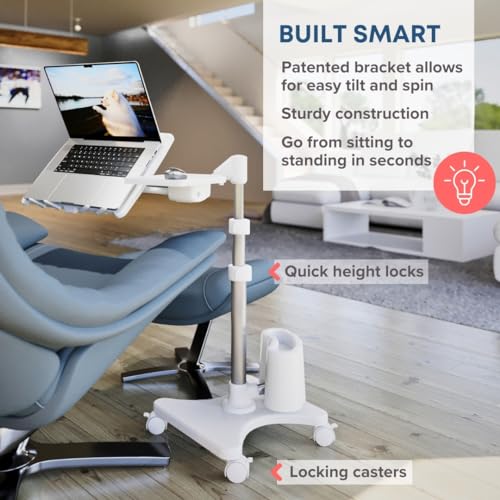 Image of LEVO G2 Deluxe Adjustable Rolling Laptop Stand | White and Silver, rolling laptop desk, adjustable height, tilting tray, floor stand