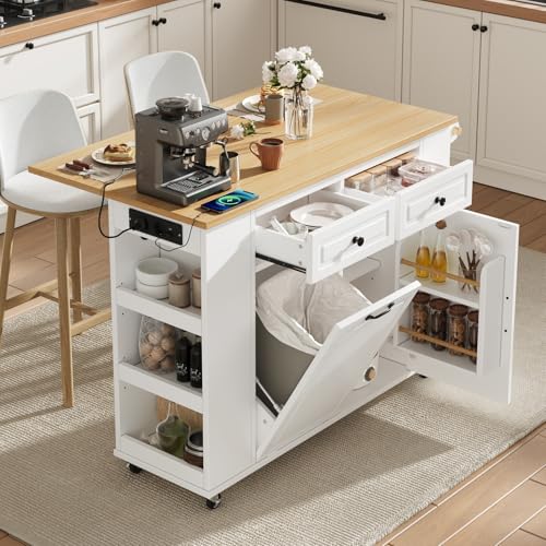 YEHTOKHOME Îlot Central Cuisine avec Station de Charge, Desserte de Cuisine avec Plans de Travail Rabattable, 2 Tiroirs et Portes, Poubelle Intégrée, Étagère...